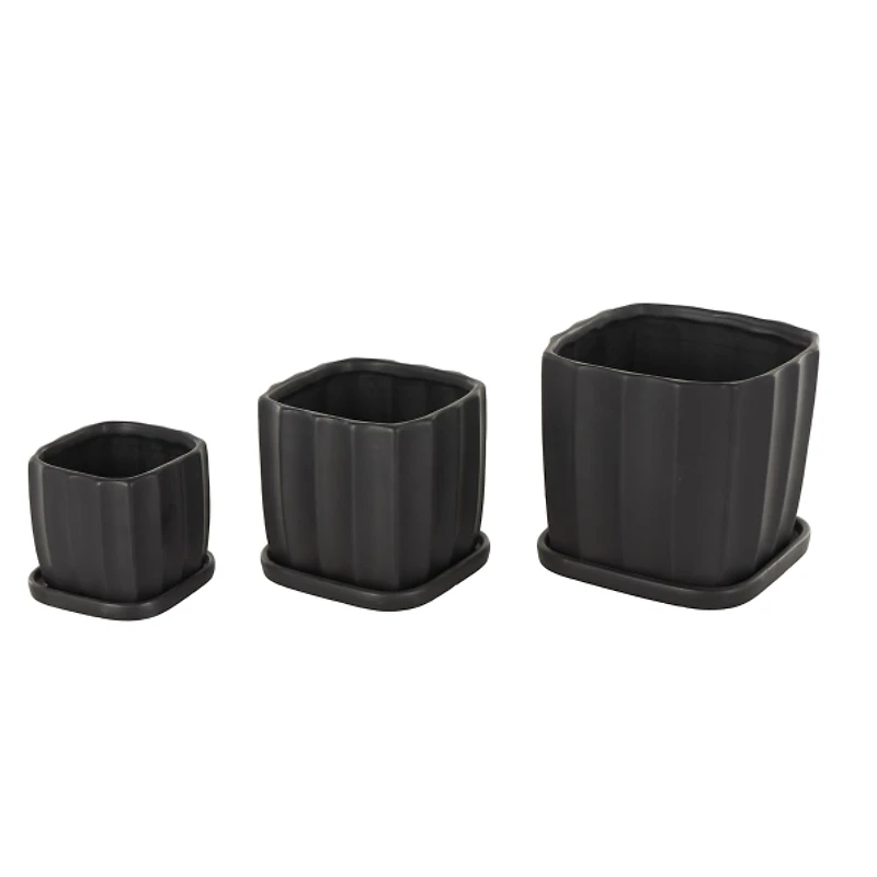 Matte Black Ceramic Ribbed Planters, Set of 3