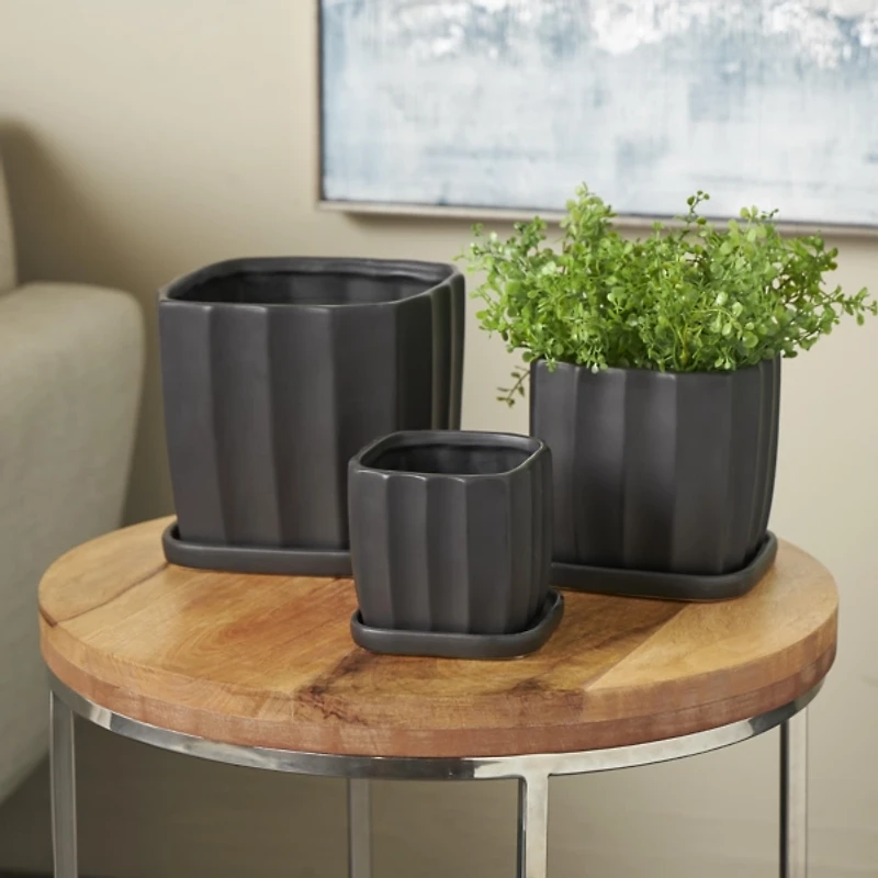 Matte Black Ceramic Ribbed Planters, Set of 3