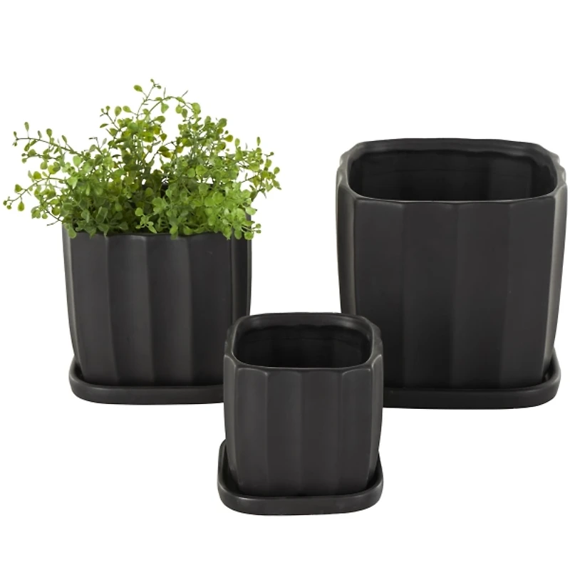 Matte Black Ceramic Ribbed Planters, Set of 3