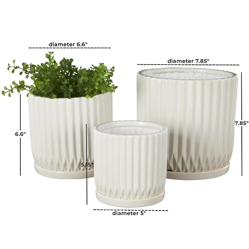 White Ceramic Ribbed Round Planters, Set of 3