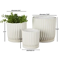 White Ceramic Ribbed Round Planters, Set of 3