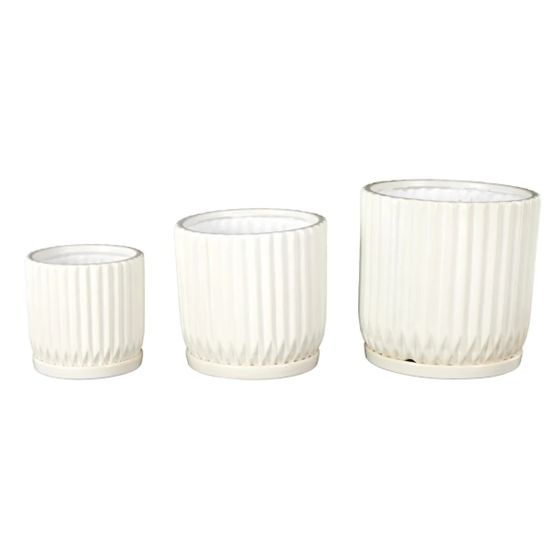White Ceramic Ribbed Round Planters, Set of 3