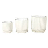 White Ceramic Ribbed Round Planters, Set of 3
