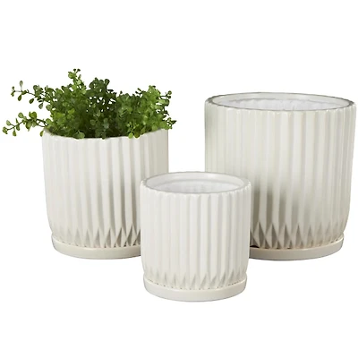 White Ceramic Ribbed Round Planters, Set of 3
