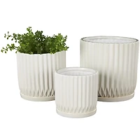 White Ceramic Ribbed Round Planters, Set of 3