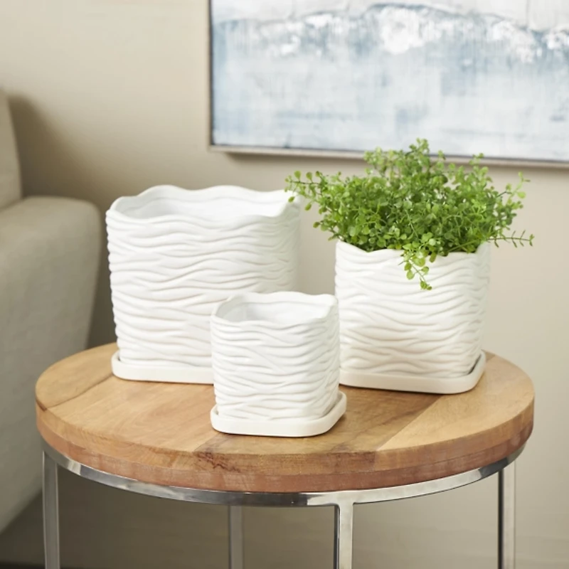 Square White Ceramic Wavy Planters, Set of 3