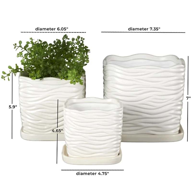 Square White Ceramic Wavy Planters, Set of 3