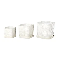 Square White Ceramic Wavy Planters, Set of 3