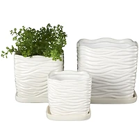 Square White Ceramic Wavy Planters, Set of 3