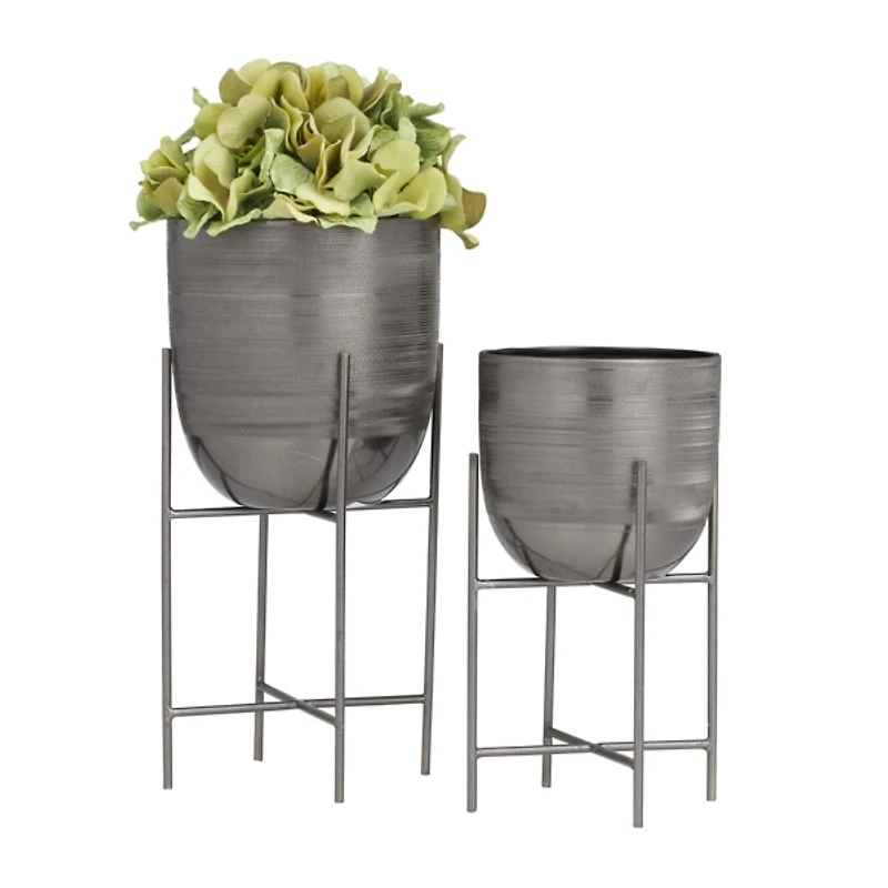Silver Textured Metal Dome Planters, Set of 2