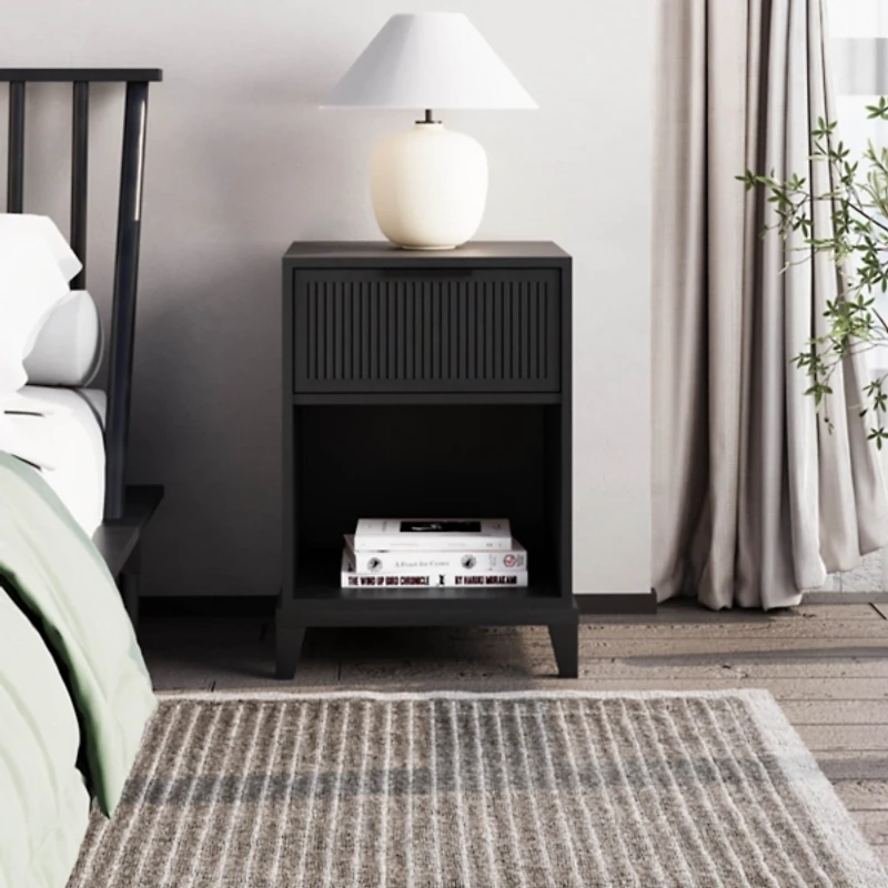 Black Wood Reeded Storage Nightstand