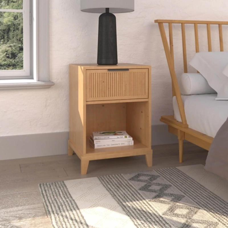 Natural Wood Reeded Storage Nightstand