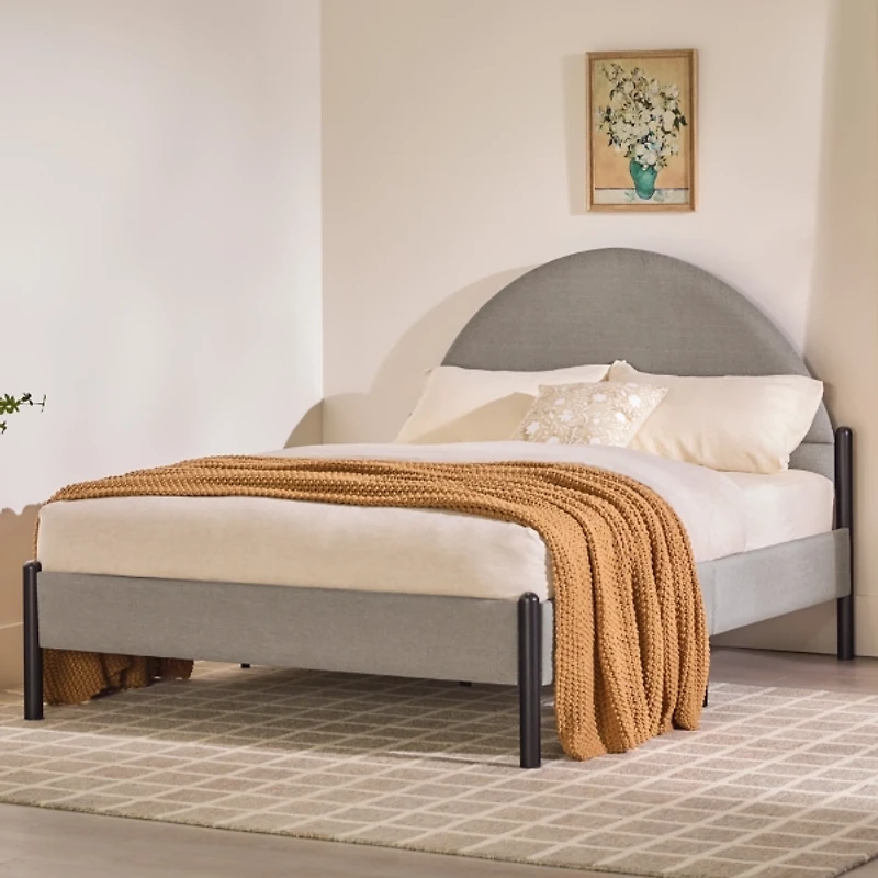 Gray Upholstered Curved Headboard Queen Bed