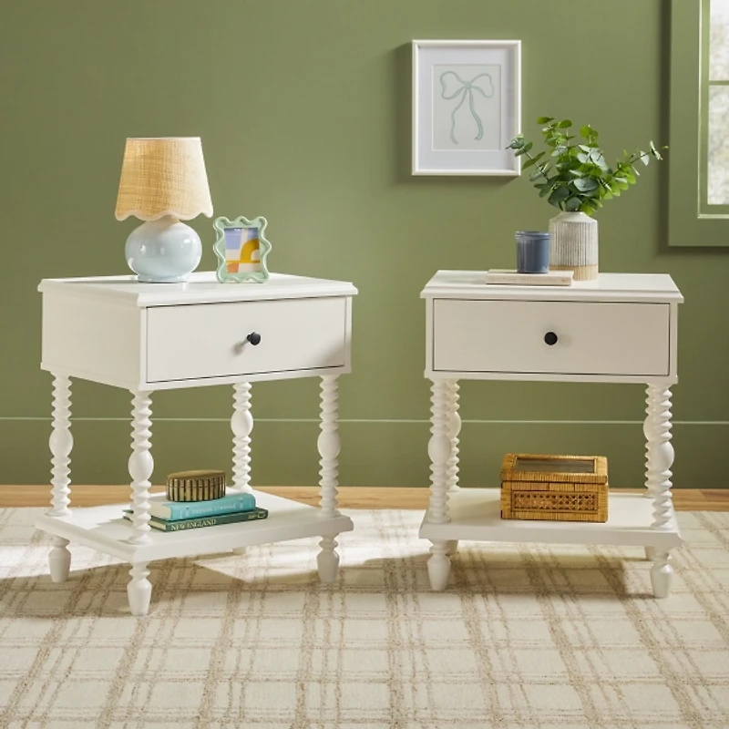 White Spindle Vivienne Nightstands, Set of 2