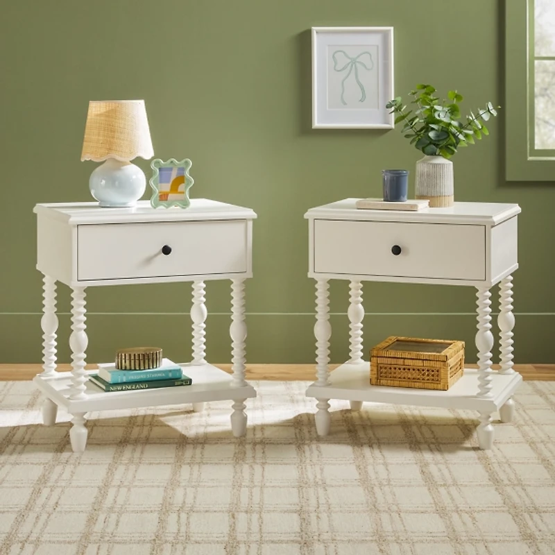 White Spindle Vivienne Nightstands, Set of 2