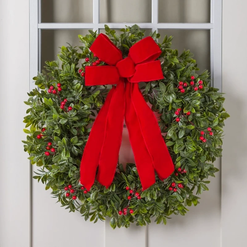 Boxwood Red Berry with Velvet Bow Christmas Wreath