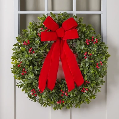 Boxwood Red Berry with Velvet Bow Christmas Wreath