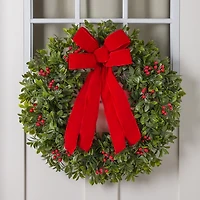 Boxwood Red Berry with Velvet Bow Christmas Wreath