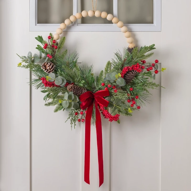 Red Berry and Bow Beaded Hoop Christmas Wreath