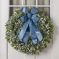 Snowy Boxwood Wreath with Blue Bow