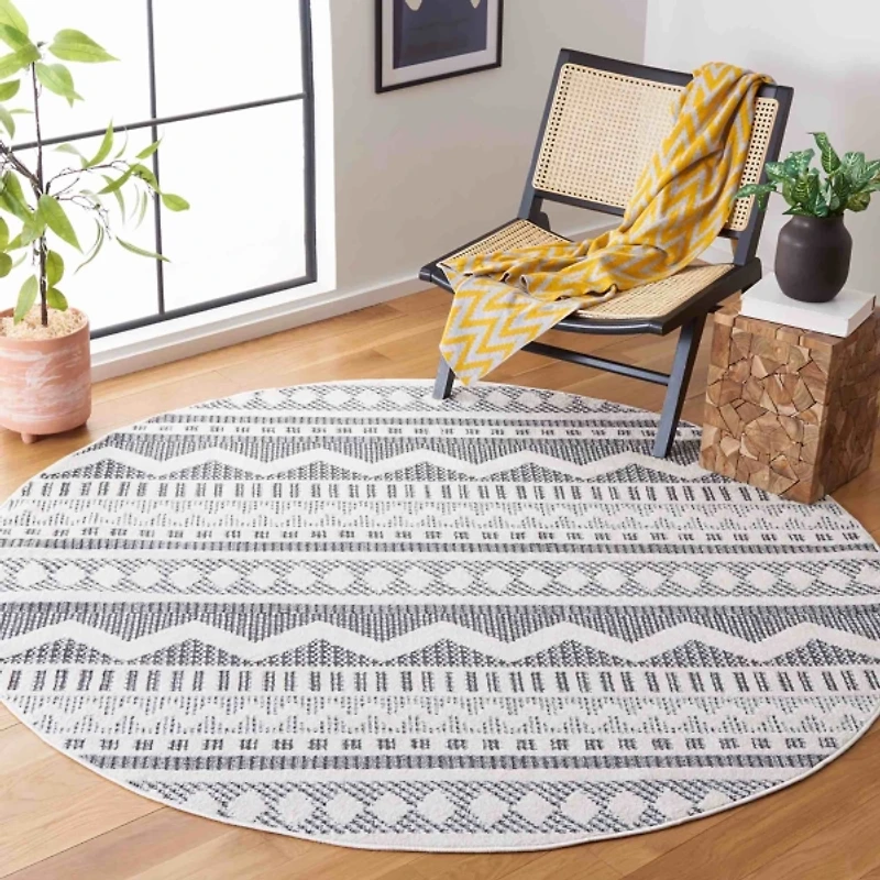Charcoal & White Mira Bohemian Round Rug, 6x6
