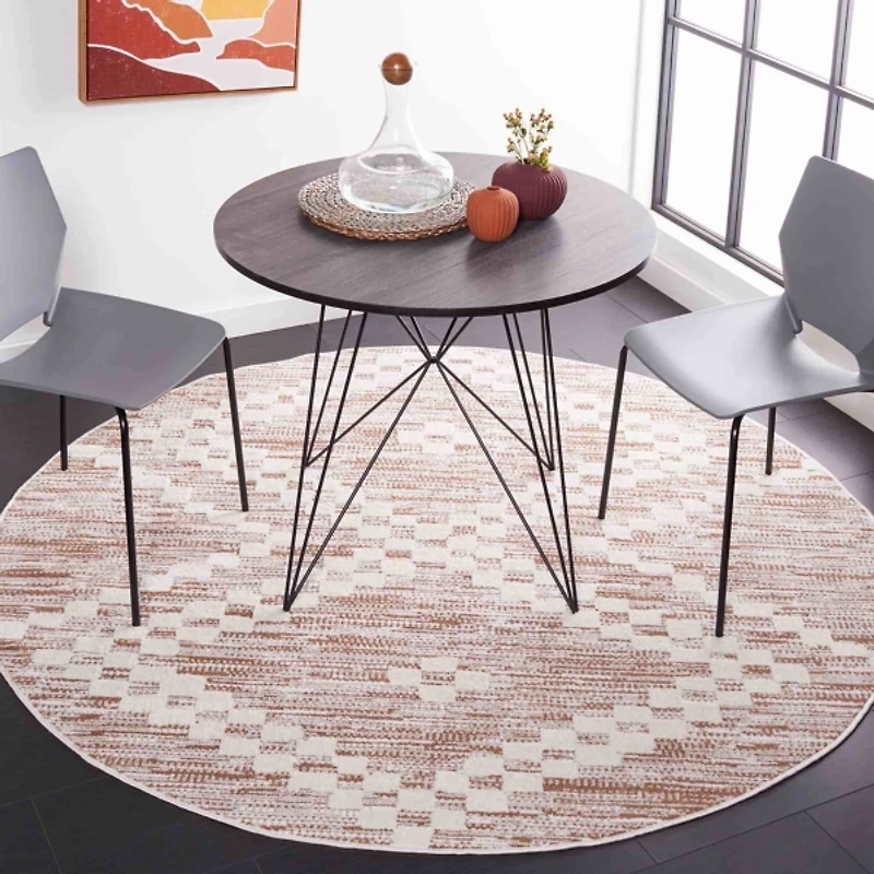 Taupe & White Bohemian Diamond Round Rug, 6x6