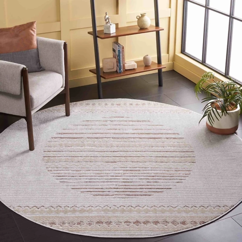 Ivory & Brown Albert Geometric Round Rug, 6x6