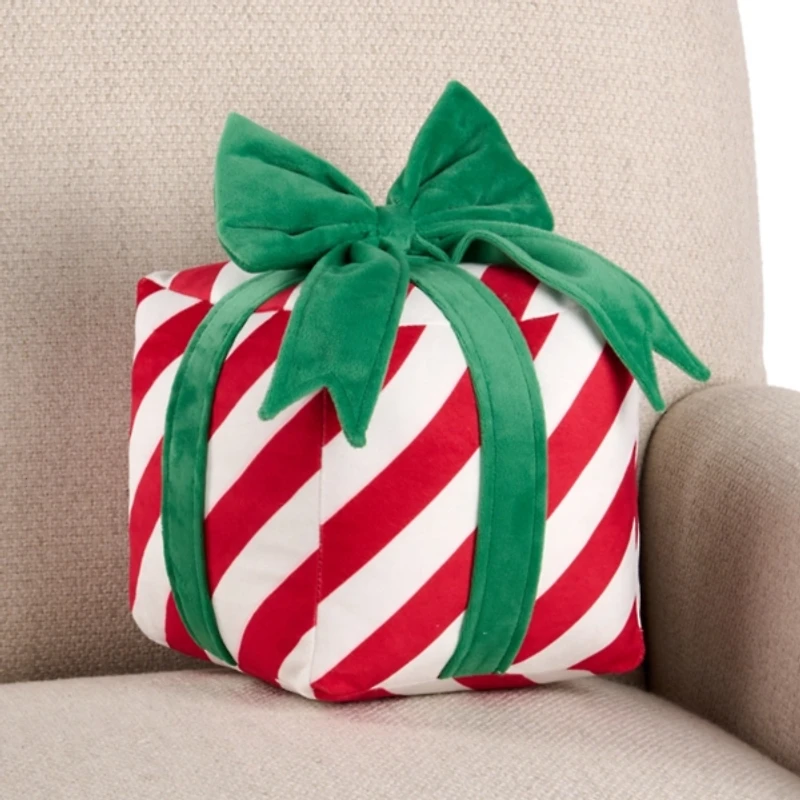 Red and White Stripe Gift Box Shaped Pillow