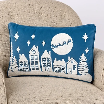 Blue Christmas Town Velvet Lumbar Pillow