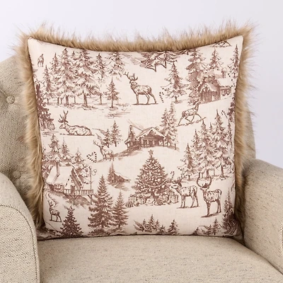 Brown Deer Toile Faux Fur Trim Pillow