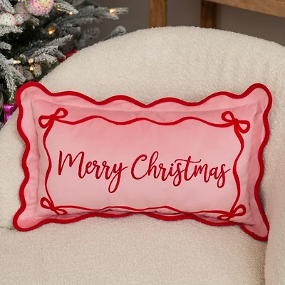 Pink Merry Christmas Scalloped Lumbar Pillow