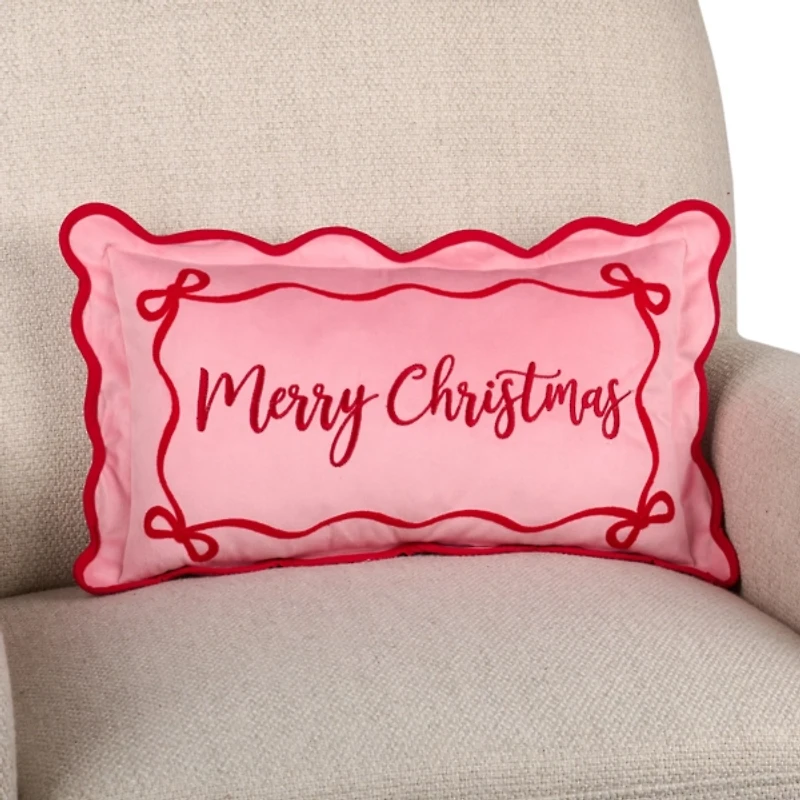 Pink Merry Christmas Scalloped Lumbar Pillow