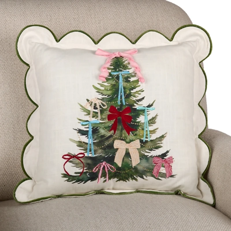 Christmas Tree Bows Scalloped Pillow