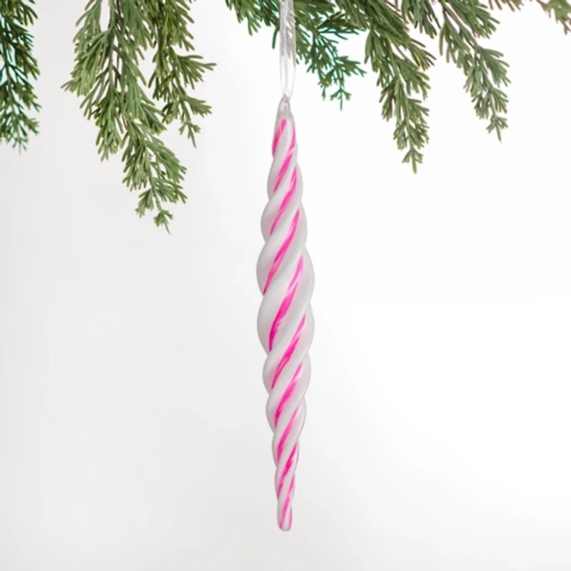 Pink Glass Peppermint Icicle Christmas Ornament