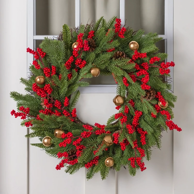 Red Berry Pine Christmas Wreath with Bells