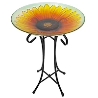 Orange and Yellow Sunflower Glass Bird Bath