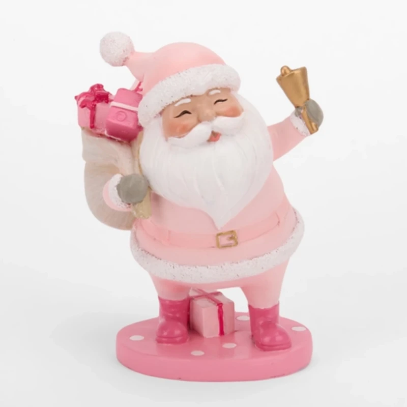 Pink Holly Santa with Bell Figurine