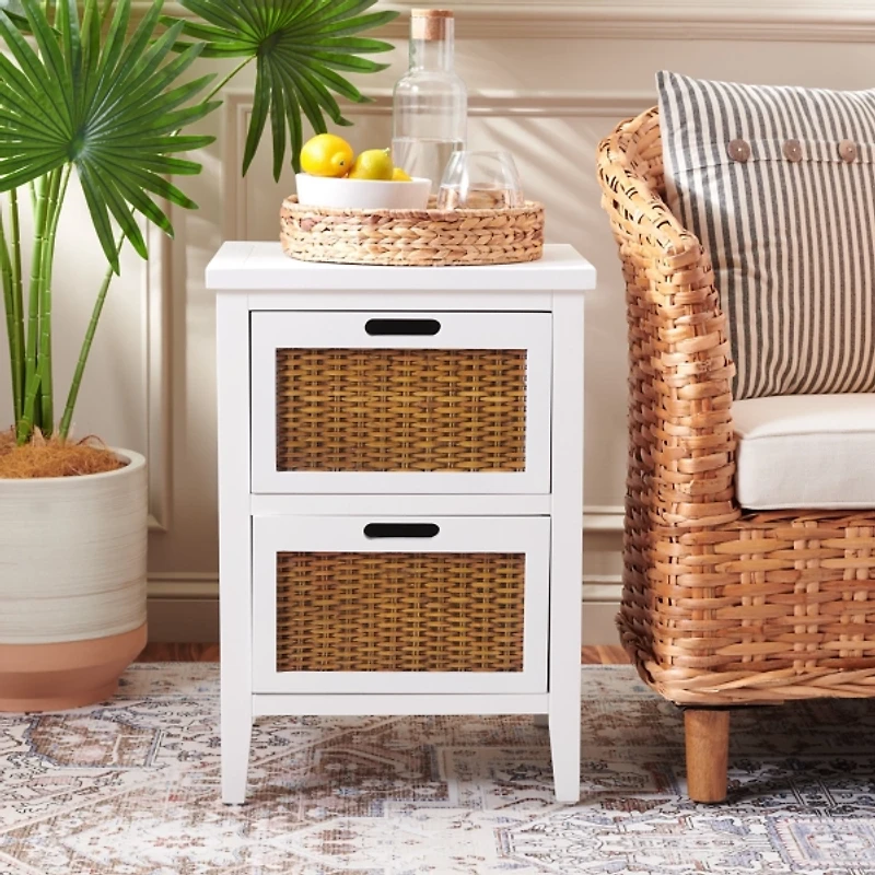White Wood Woven Viola 2-Drawer End Table