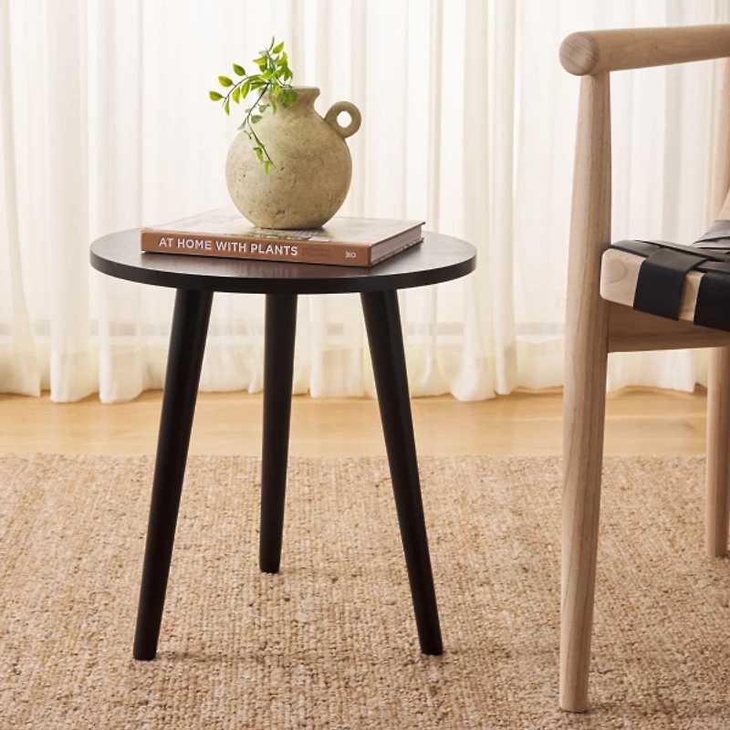 Black Wood Round Scandinavian End Table