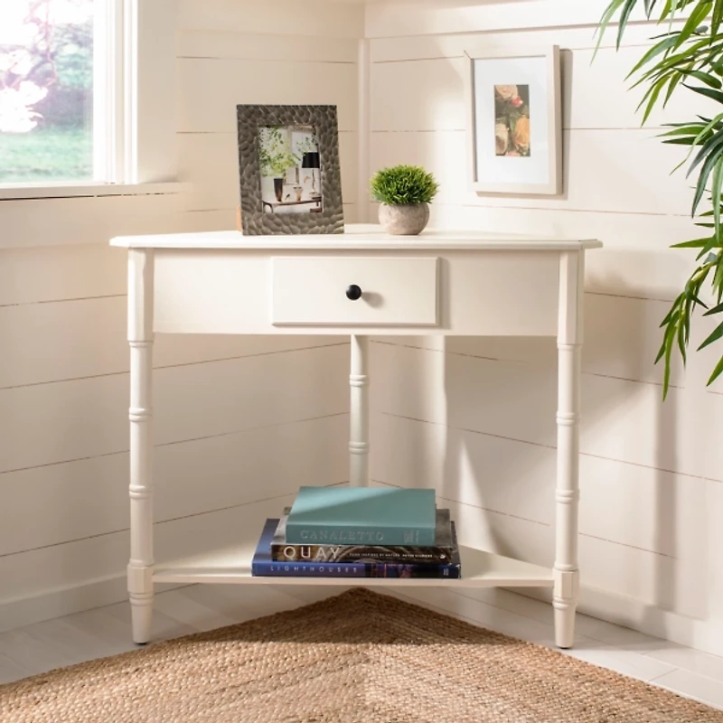 Distressed Cream Wood Selena Corner Accent Table