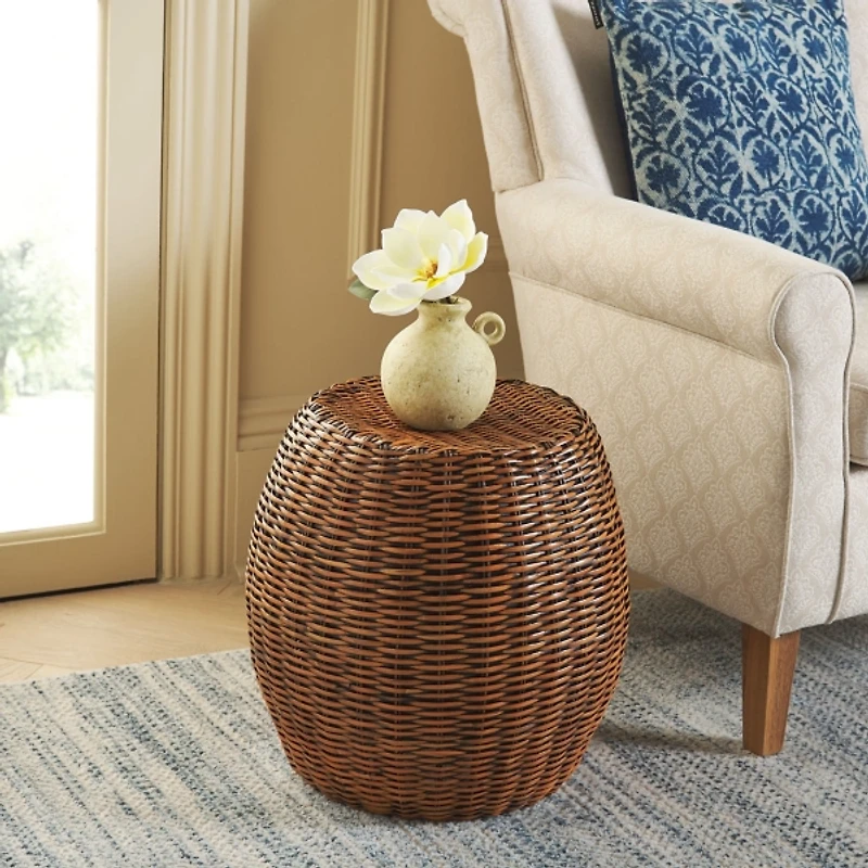 Round Brown Rattan Barrel Accent Table