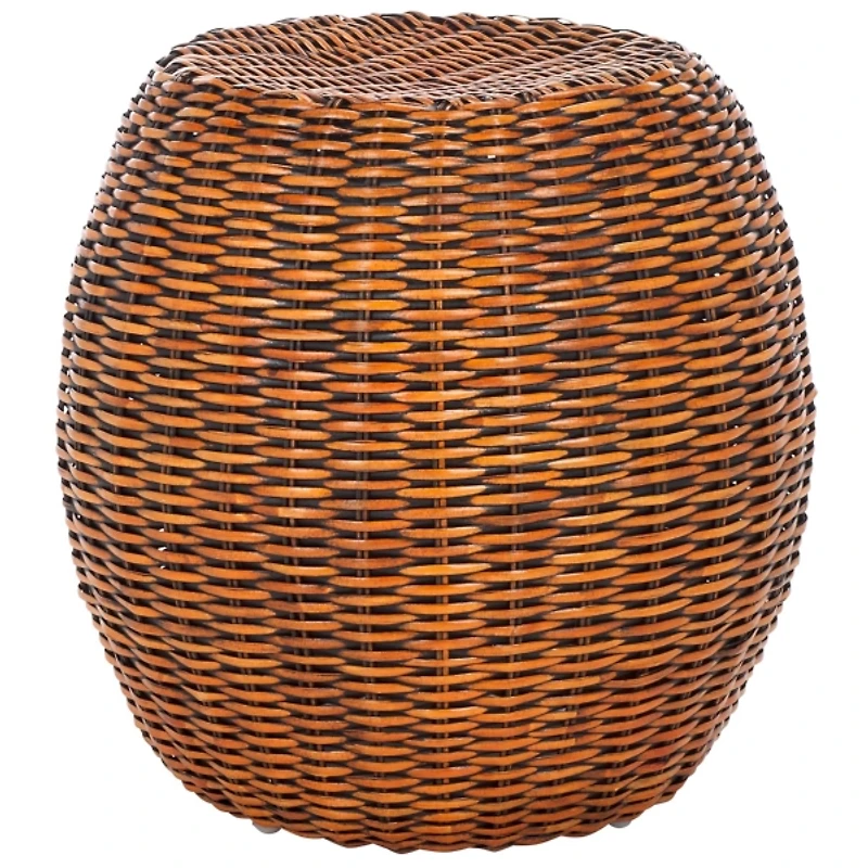 Round Brown Rattan Barrel Accent Table