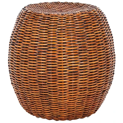 Round Brown Rattan Barrel Accent Table