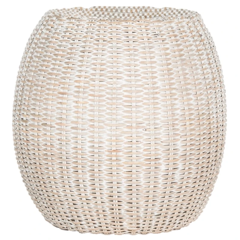 Round White Rattan Barrel Accent Table