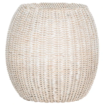 Round White Rattan Barrel Accent Table