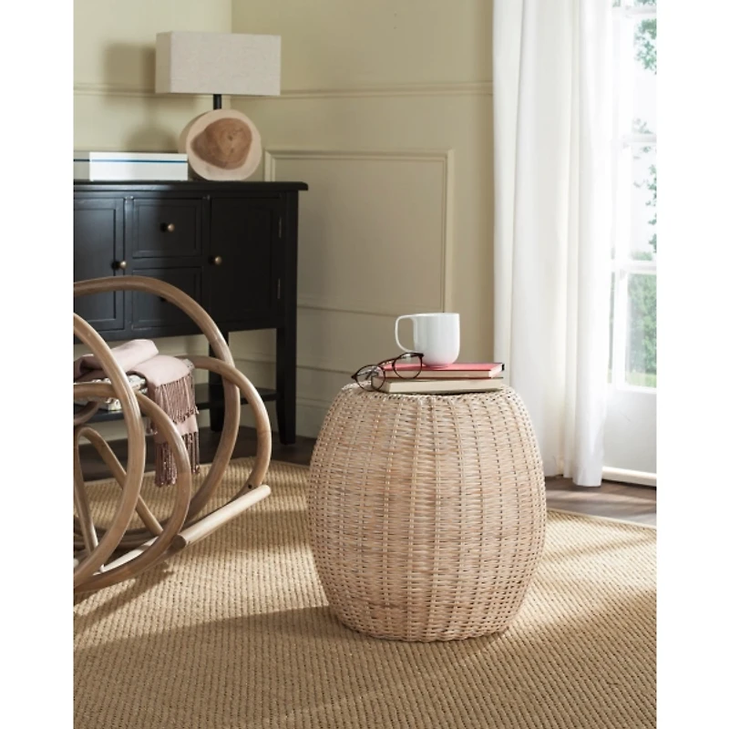 Round Ivory Rattan Barrel Accent Table