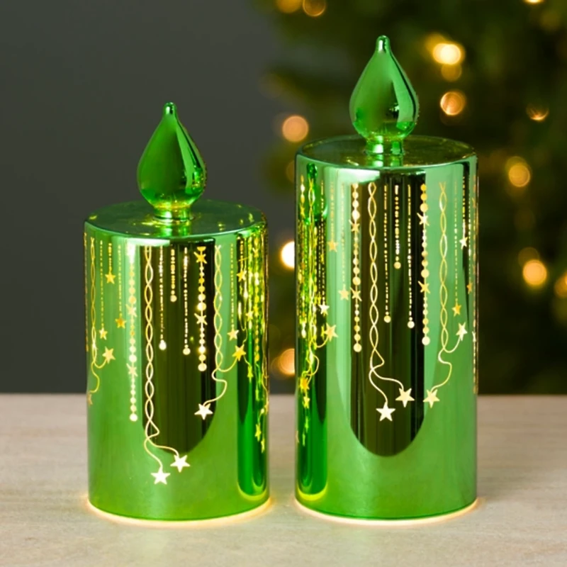LED Green Glass Candle Statues, Set of 2