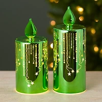 LED Green Glass Candle Statues, Set of 2