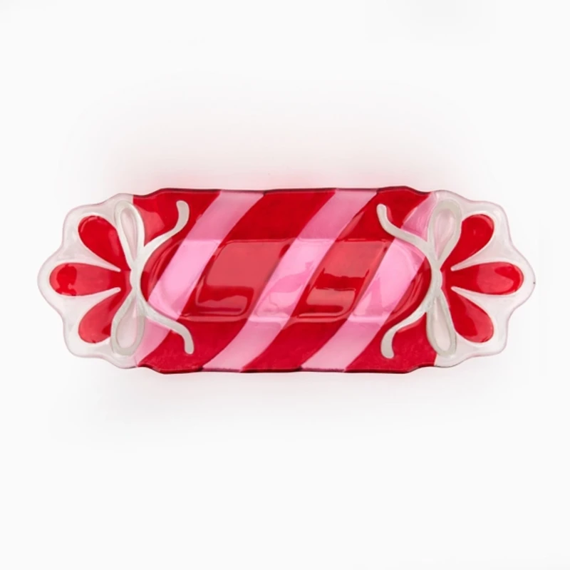 Fused Glass Pink Peppermint Serving Platter