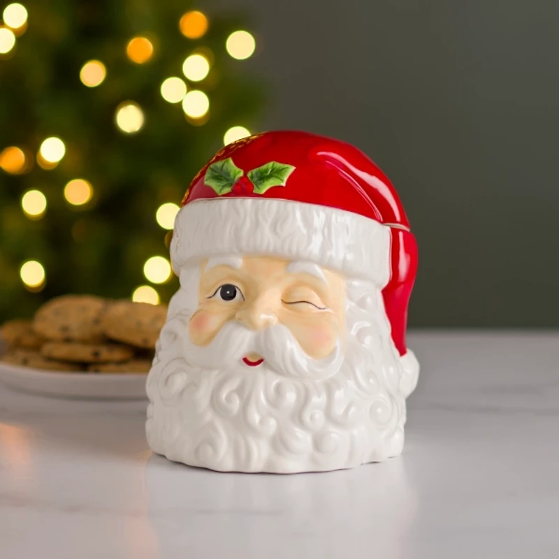 Holly Santa Christmas Cookie Jar